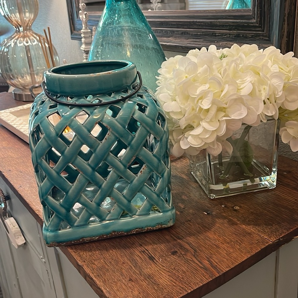 Teal Ceramic Lattice Lantern